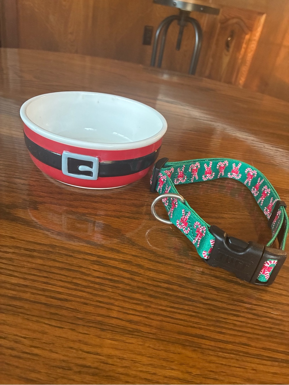 Martha Stewart Pets Santa Dog Bowl + TUFF Christmas Candy Cane Collar Large